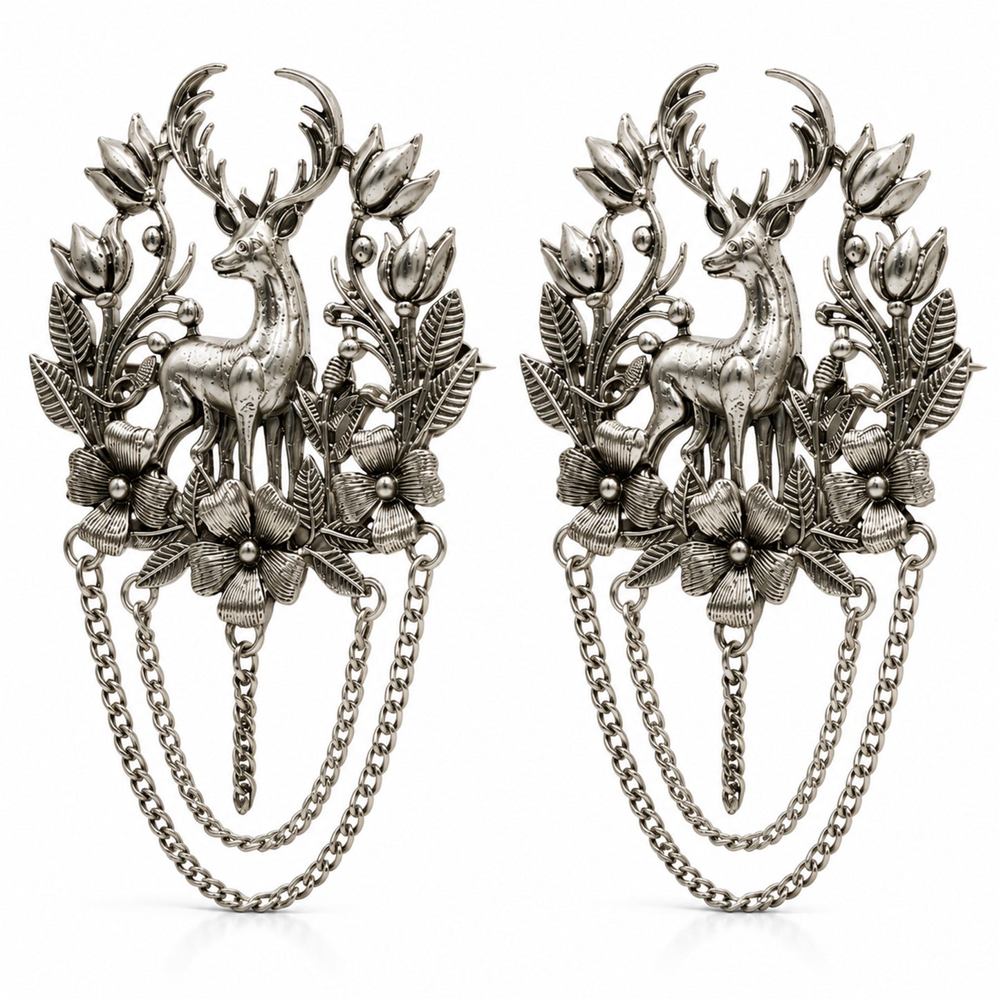 Antique Silver Plated Two Royals Deer Dulha Brooch with Chain Tassels for Men (SJ_9115_AS)