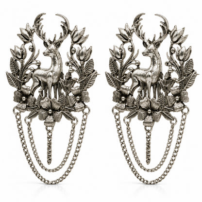 Antique Silver Plated Two Royals Deer Dulha Brooch with Chain Tassels for Men (SJ_9115_AS)