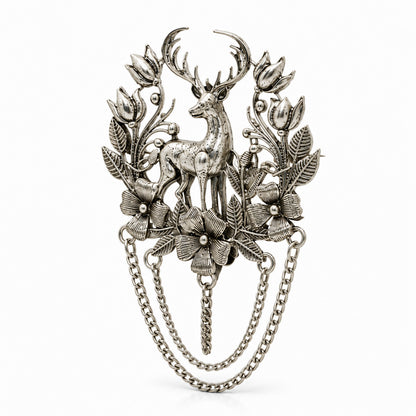Antique Silver Plated Two Royals Deer Dulha Brooch with Chain Tassels for Men (SJ_9115_AS)