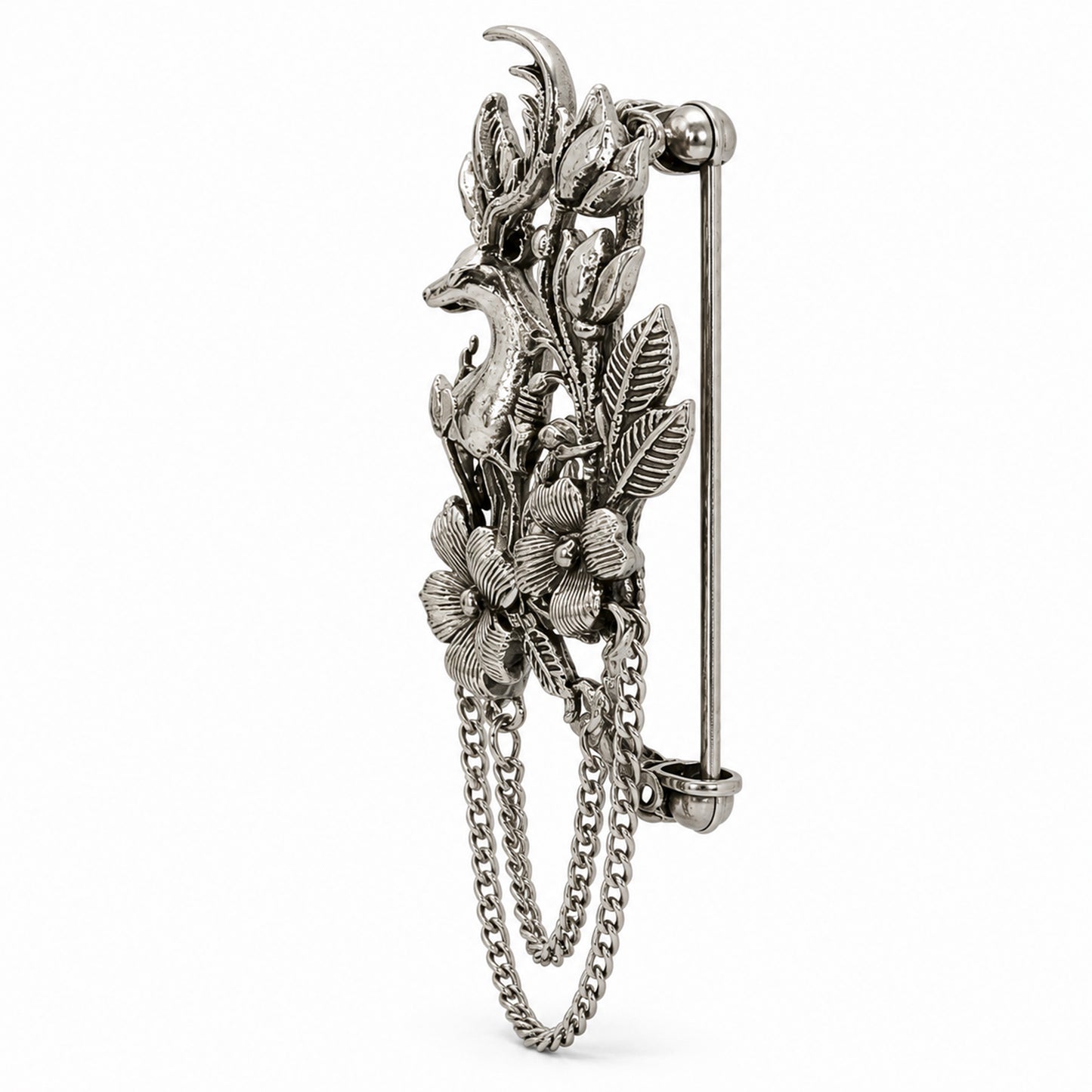 Antique Silver Plated Two Royals Deer Dulha Brooch with Chain Tassels for Men (SJ_9115_AS)