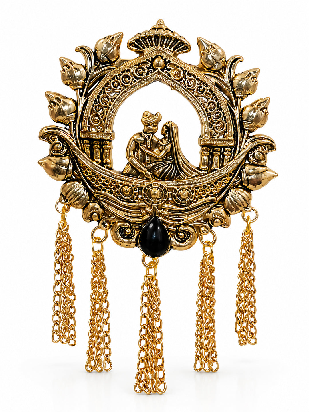 Traditional Antique Gold Plated Dulha Dulhan with Chain Tassels Design Brooch for Men (SJ_9116_AG)