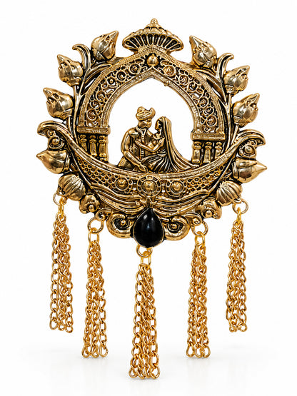 Traditional Antique Gold Plated Dulha Dulhan with Chain Tassels Design Brooch for Men (SJ_9116_AG)