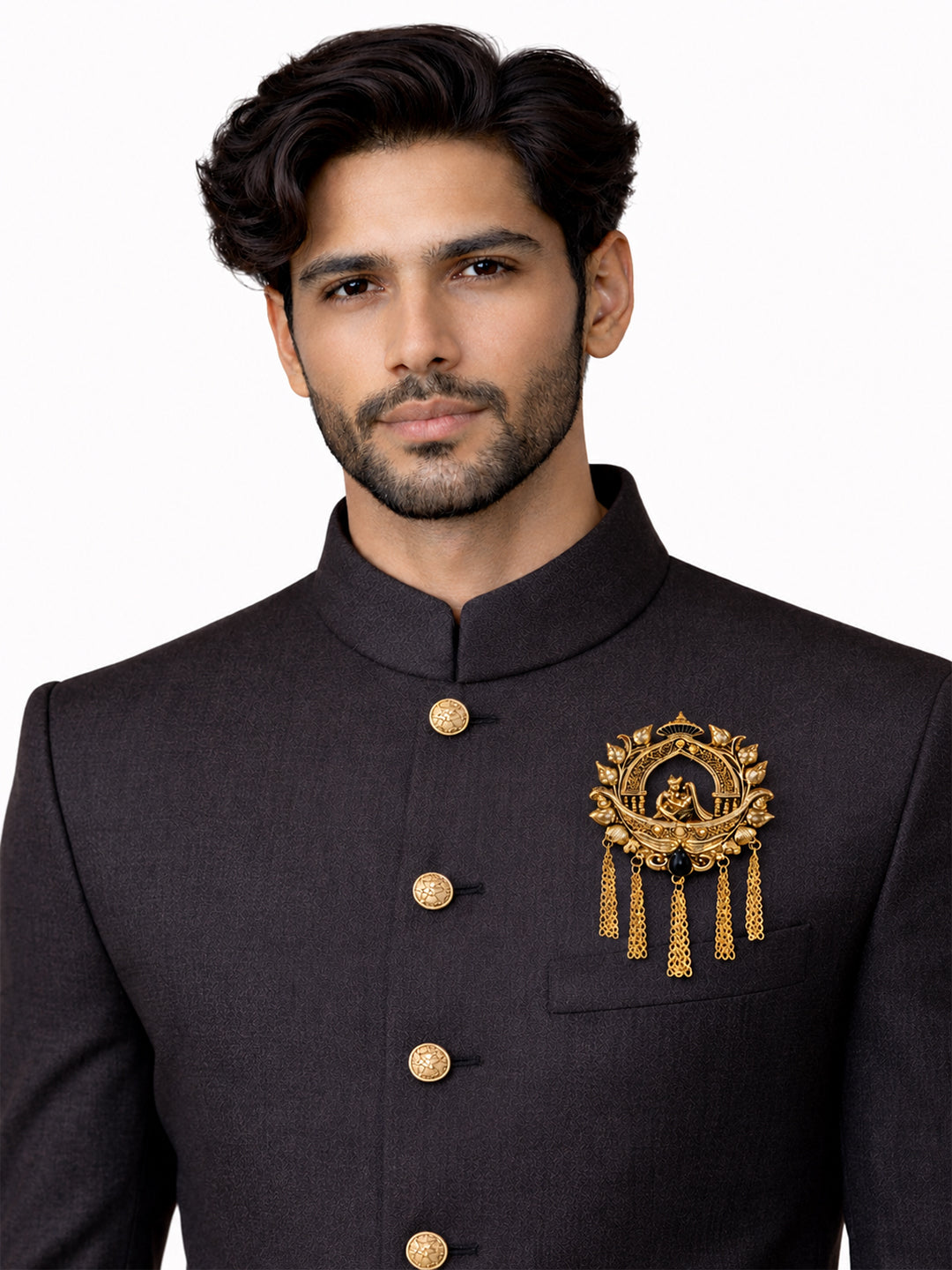 Traditional Antique Gold Plated Dulha Dulhan with Chain Tassels Design Brooch for Men (SJ_9116_AG)