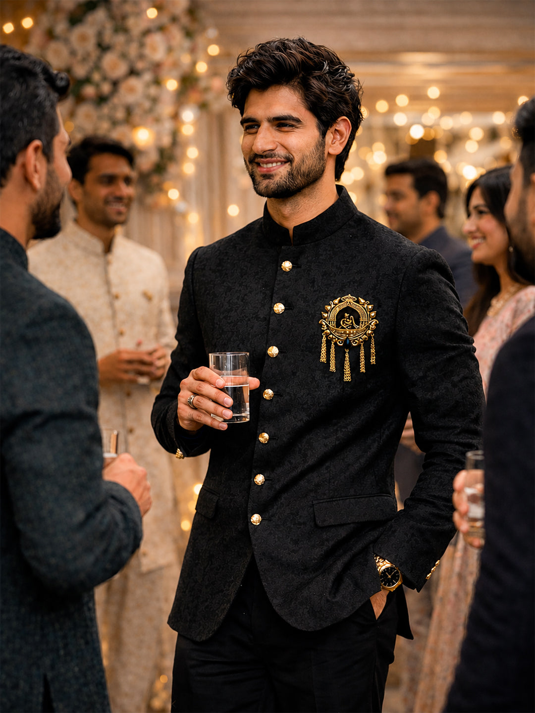 Traditional Antique Gold Plated Dulha Dulhan with Chain Tassels Design Brooch for Men (SJ_9116_AG)