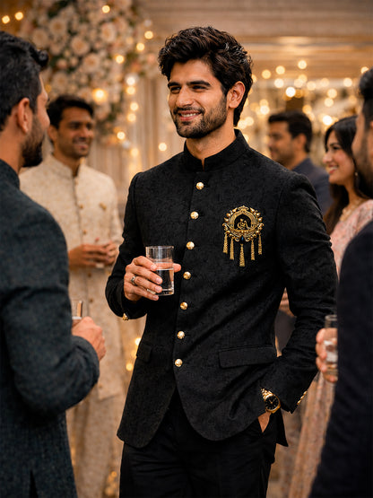 Traditional Antique Gold Plated Dulha Dulhan with Chain Tassels Design Brooch for Men (SJ_9116_AG)