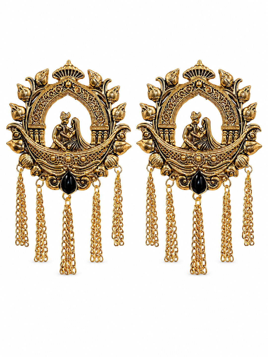 Traditional Antique Gold Plated Dulha Dulhan with Chain Tassels Design Brooch for Men (SJ_9116_AG)