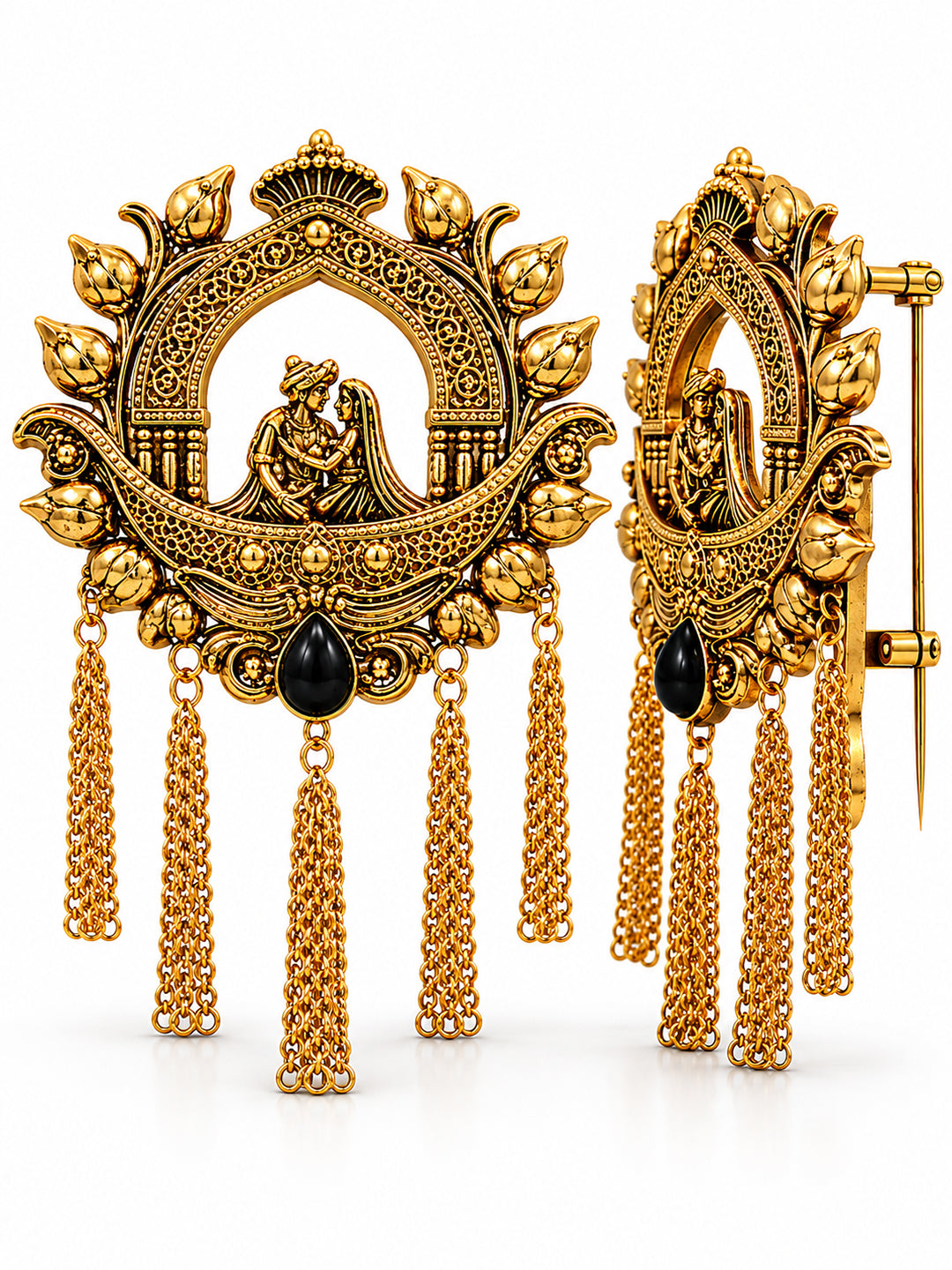 Traditional Antique Gold Plated Dulha Dulhan with Chain Tassels Design Brooch for Men (SJ_9116_AG)