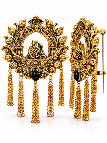 Traditional Antique Gold Plated Dulha Dulhan with Chain Tassels Design Brooch for Men (SJ_9116_AG)