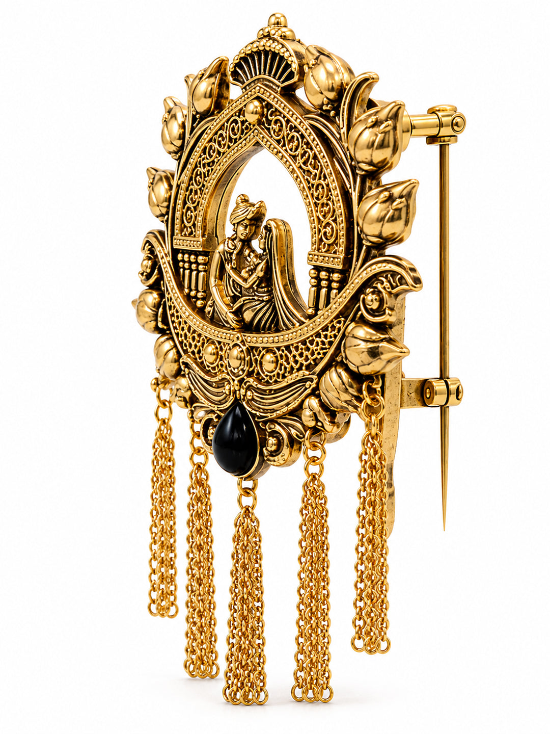 Traditional Antique Gold Plated Dulha Dulhan with Chain Tassels Design Brooch for Men (SJ_9116_AG)