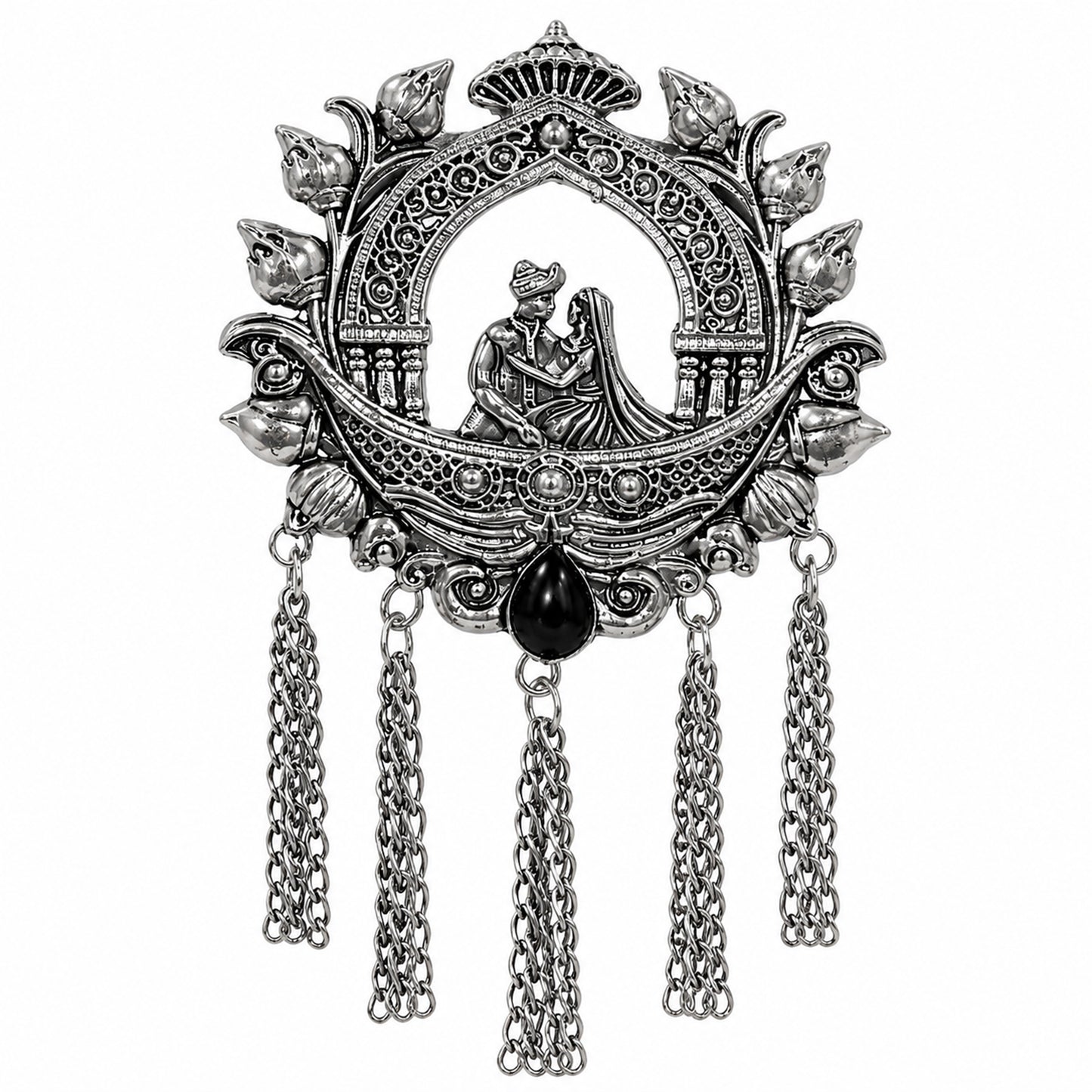 Traditional Antique Silver Plated Dulha Dulhan with Chain Tassels Design Brooch for Men (SJ_9117_AS)