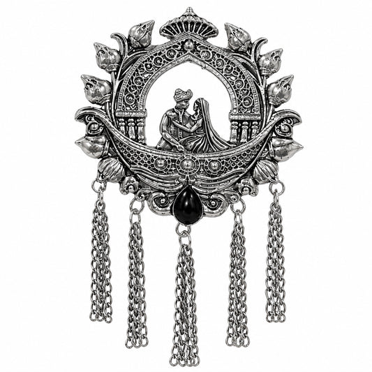 Traditional Antique Silver Plated Dulha Dulhan with Chain Tassels Design Brooch for Men (SJ_9116_AS)
