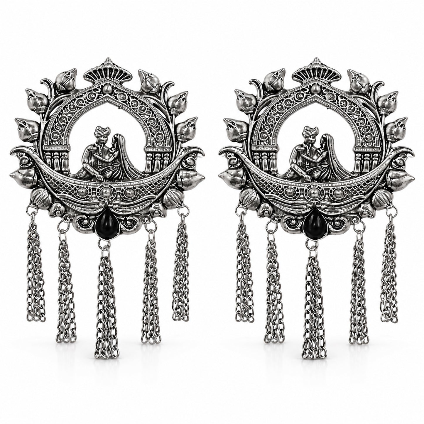 Traditional Antique Silver Plated Dulha Dulhan with Chain Tassels Design Brooch for Men (SJ_9116_AS)
