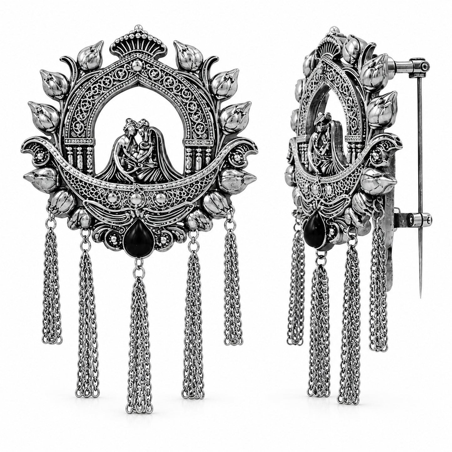 Traditional Antique Silver Plated Dulha Dulhan with Chain Tassels Design Brooch for Men (SJ_9116_AS)
