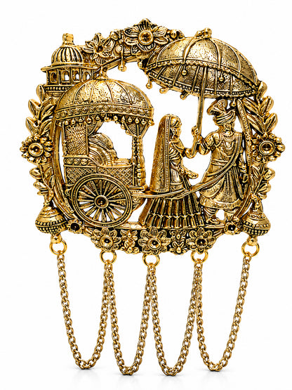 Traditional Antique Gold Plated Dulha Dulhan with Chain Tassels Design Brooch for Men (SJ_9117_AG)
