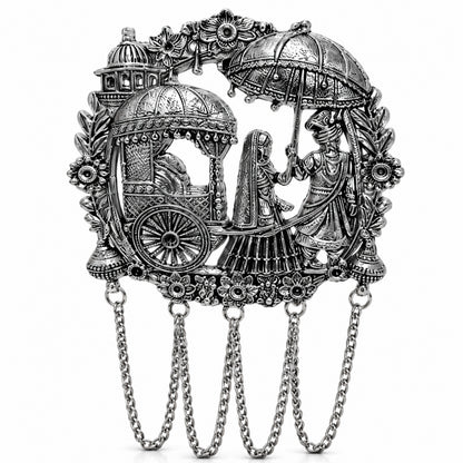 Traditional Antique Silver Plated Dulha Dulhan with Chain Tassels Design Brooch for Men (SJ_9117_AS)