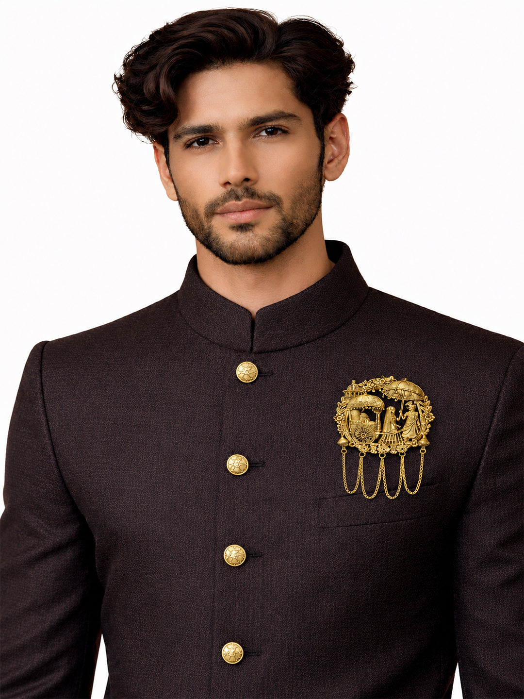 Traditional Antique Gold Plated Dulha Dulhan with Chain Tassels Design Brooch for Men (SJ_9117_AG)