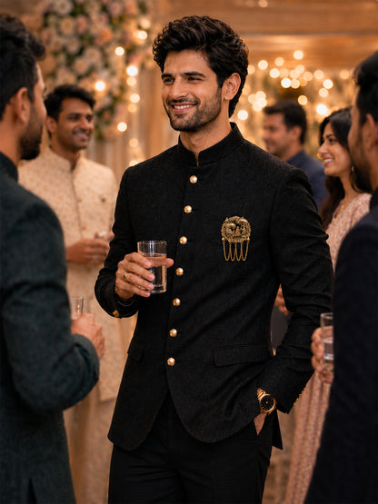 Traditional Antique Gold Plated Dulha Dulhan with Chain Tassels Design Brooch for Men (SJ_9117_AG)