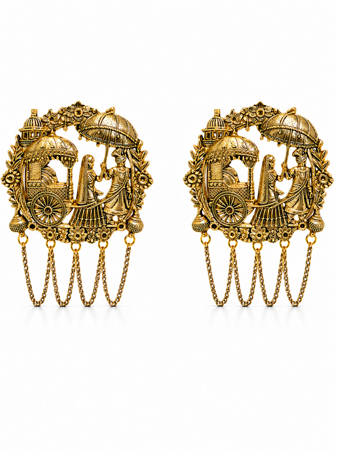 Traditional Antique Gold Plated Dulha Dulhan with Chain Tassels Design Brooch for Men (SJ_9117_AG)