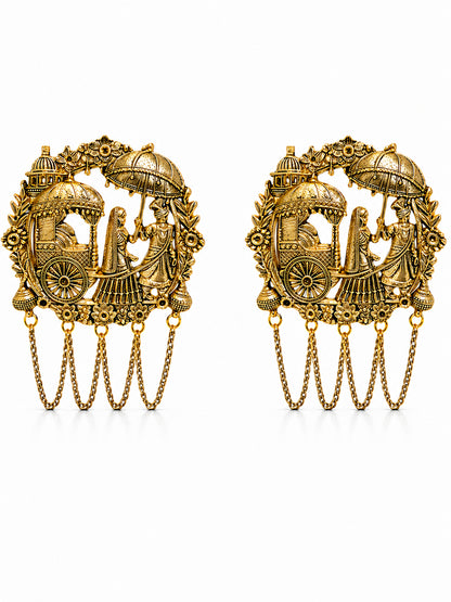 Traditional Antique Gold Plated Dulha Dulhan with Chain Tassels Design Brooch for Men (SJ_9117_AG)