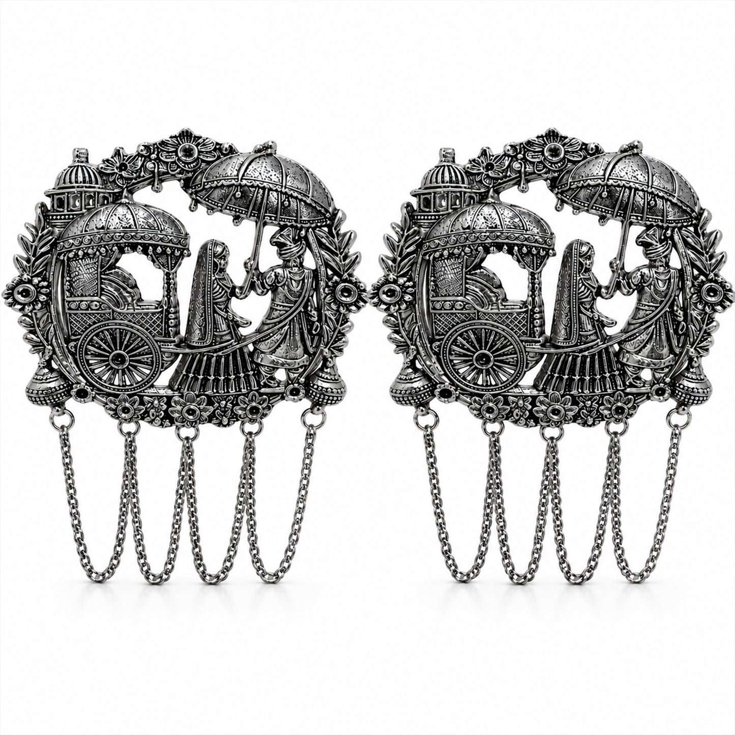 Traditional Antique Silver Plated Dulha Dulhan with Chain Tassels Design Brooch for Men (SJ_9117_AS)