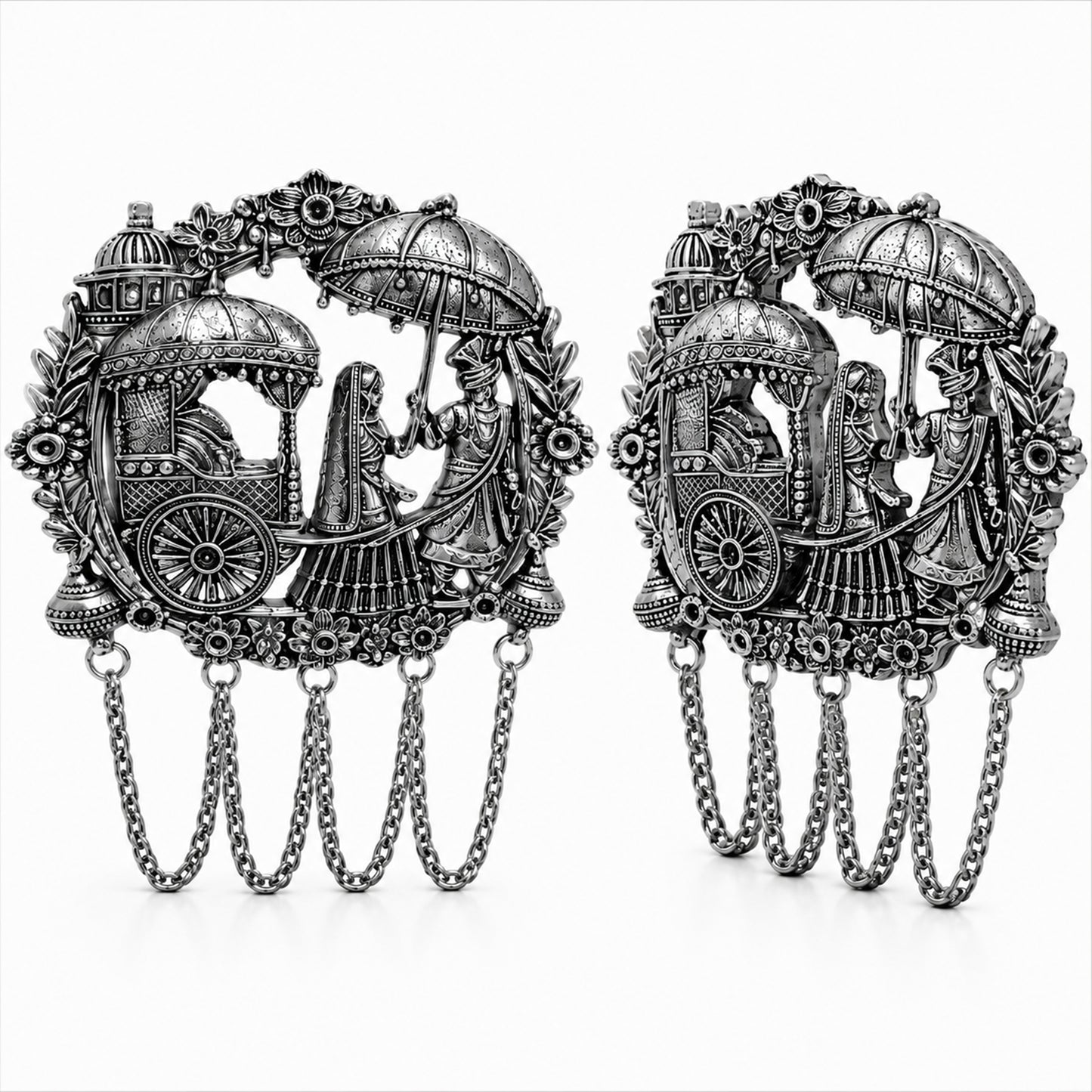 Traditional Antique Silver Plated Dulha Dulhan with Chain Tassels Design Brooch for Men (SJ_9117_AS)