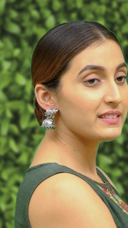 Traditional Indian Matte Silver Oxidised CZ Crystal Studded Elephant Jhumka Earring For Women - Silver Ruby Green (SJE_110_S_R_G)