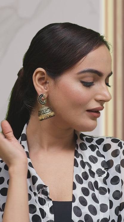 Traditional Indian Gold Plated With Black CZ, Crystal Peacock Studded Jhumka Earring For Women - Black (SJE_77_BK)