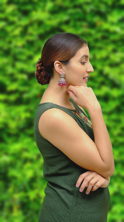 Traditional Indian Matte Silver Oxidised CZ Crystal Studded Temple Jhumka Earring For Women - Silver Maroon (SJE_102_S_M)