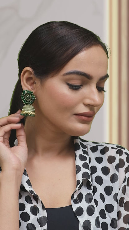 Traditional Indian Gold Plated With Green Colour CZ, Crystal Studded Jhumka Earring For Women - Green (SJE_76_G)