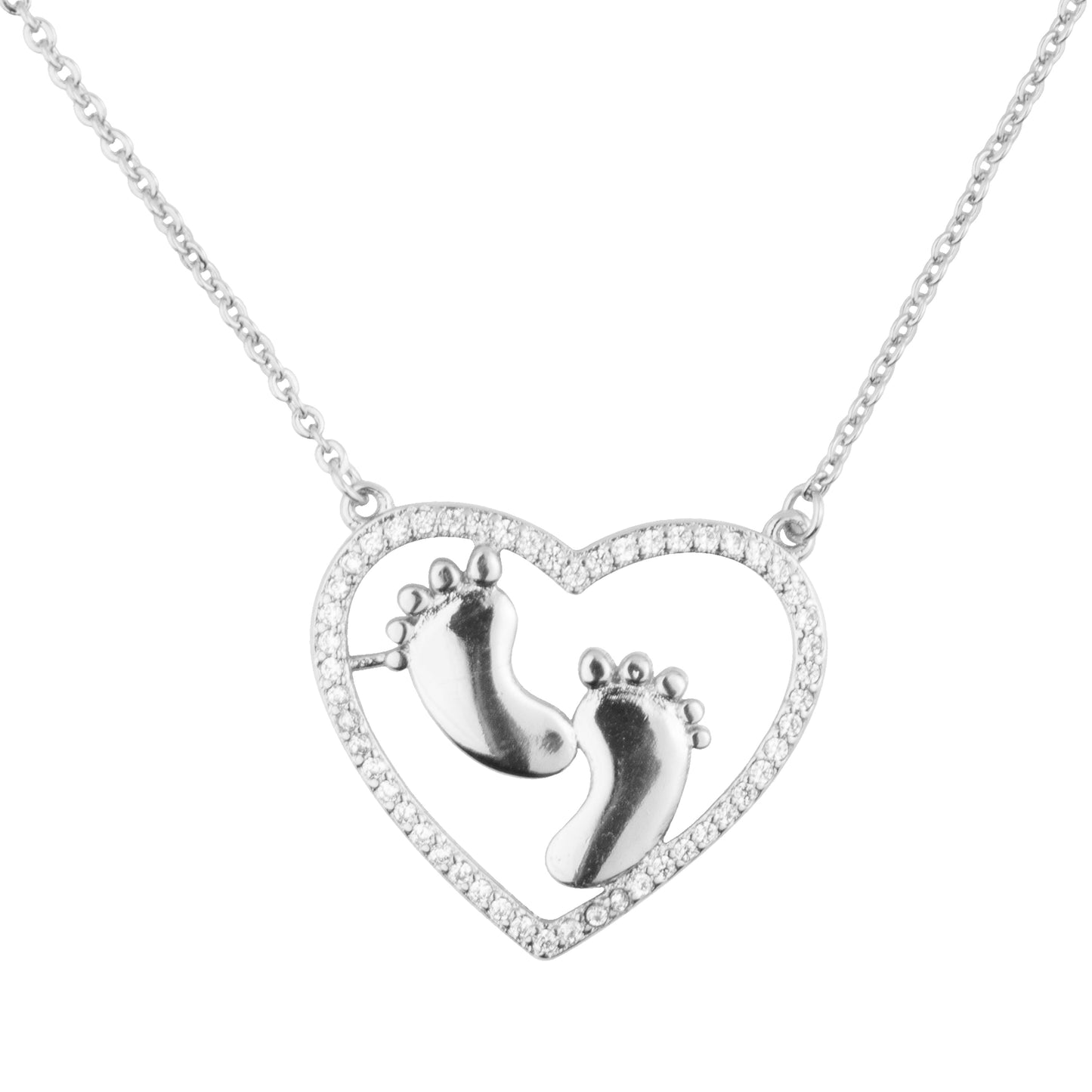 Sterling Silver Plated Valentine Romantic Heart with Couple Footsteps Pendant Necklace for Girls, Teens & Women (MD_2030)