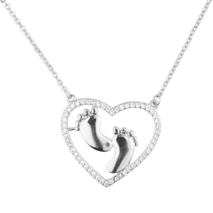 Sterling Silver Plated Valentine Romantic Heart with Couple Footsteps Pendant Necklace for Girls, Teens & Women (MD_2030)