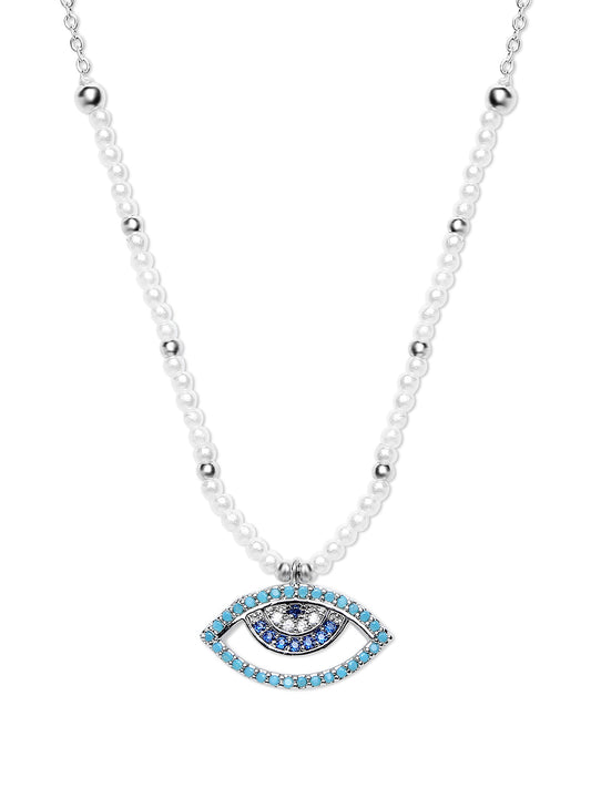 Sterling Silver Plated American Diamond,Pearl Evil Eye Necklace For Girls,Teens,Women (MD_2076)