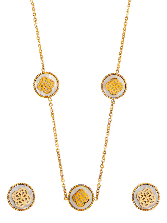 Gold Plated Long Chain Alhambra Clover Necklace With Matching Earring For Girls, Teens & Women MD_2142_GW