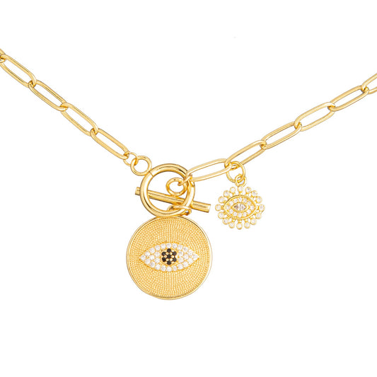 Gold Plated Plated CZ Studded American Diamond Evil Eye Pendant Necklace For Girls, Teens & Women (MD_2150)