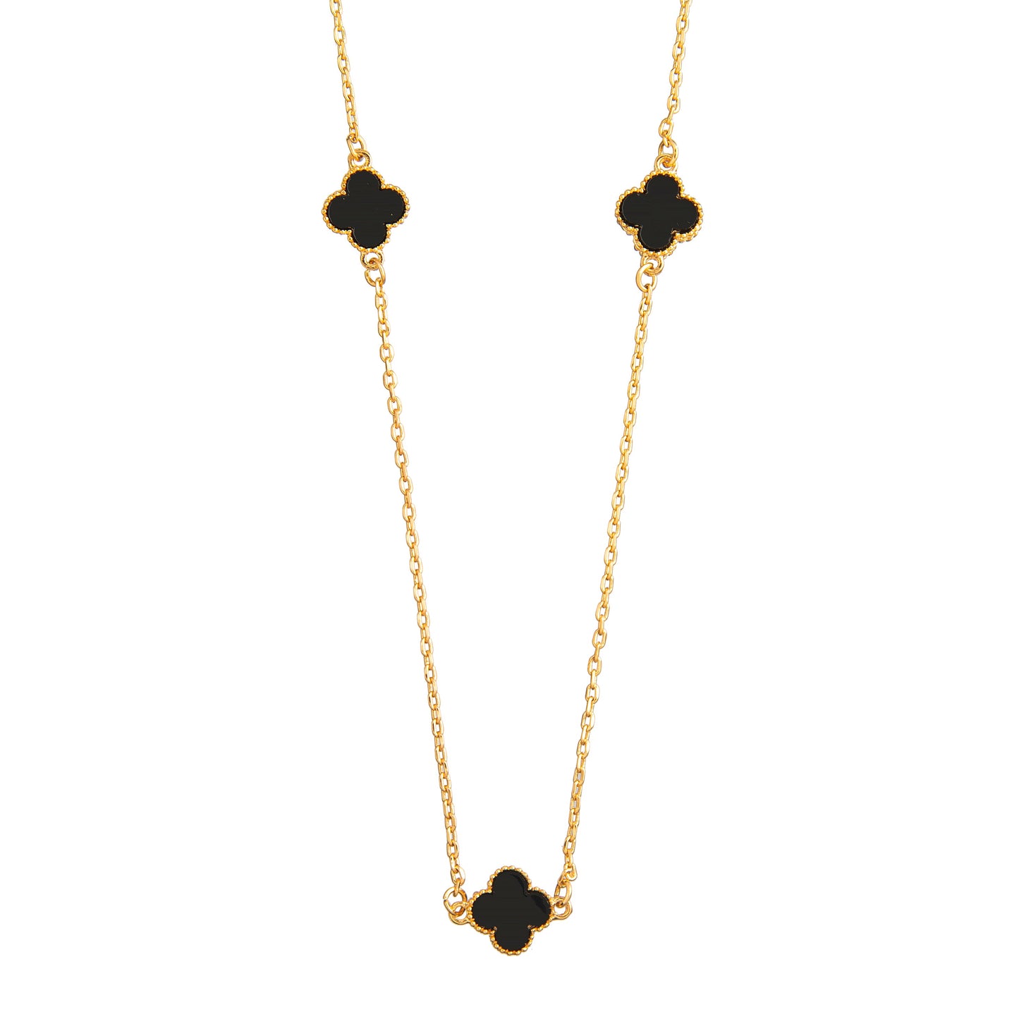 Black Onyx Long Chain Alhambra Clover Necklace  For Girls,Teens & Women MD_2153_BK