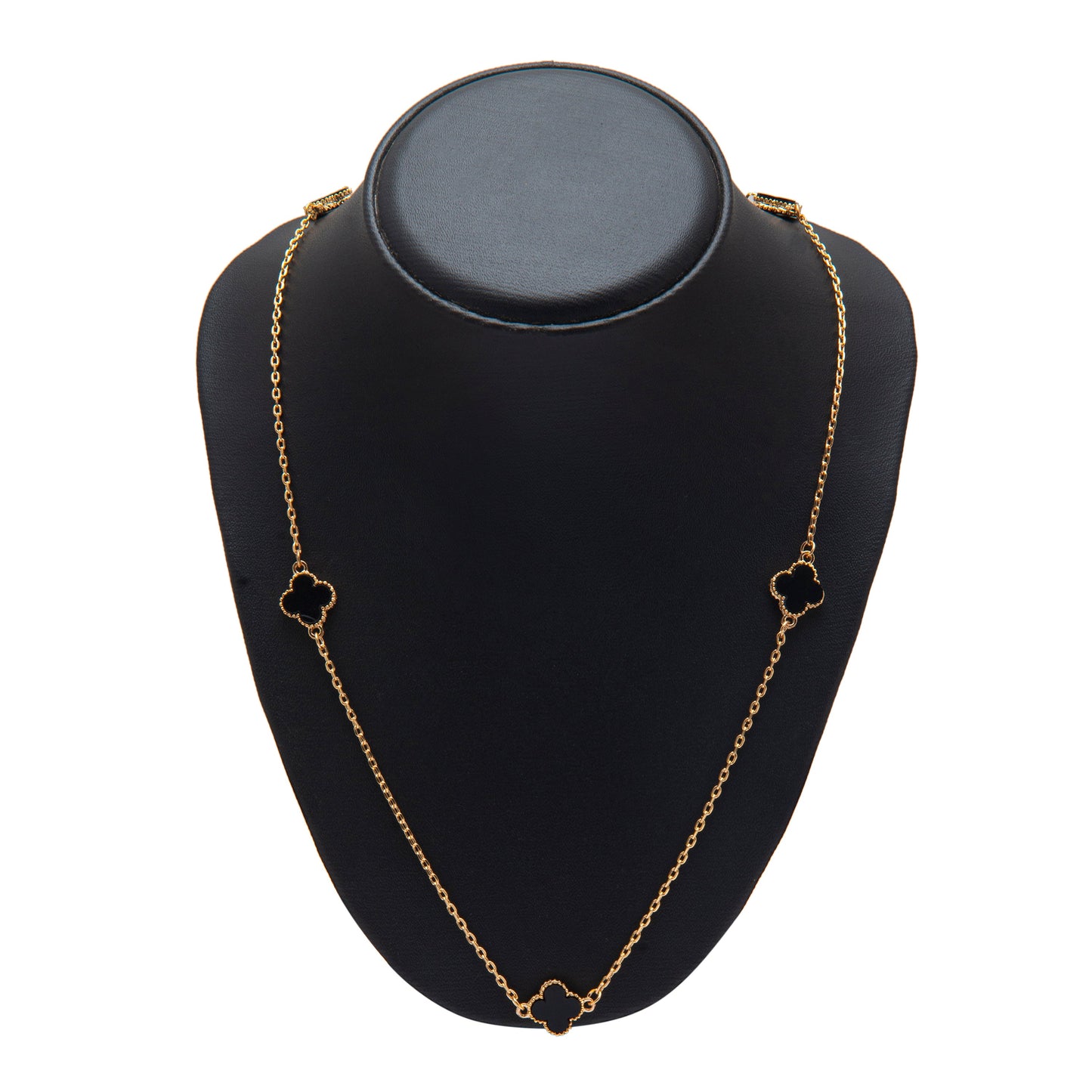 Black Onyx Long Chain Alhambra Clover Necklace  For Girls,Teens & Women MD_2153_BK