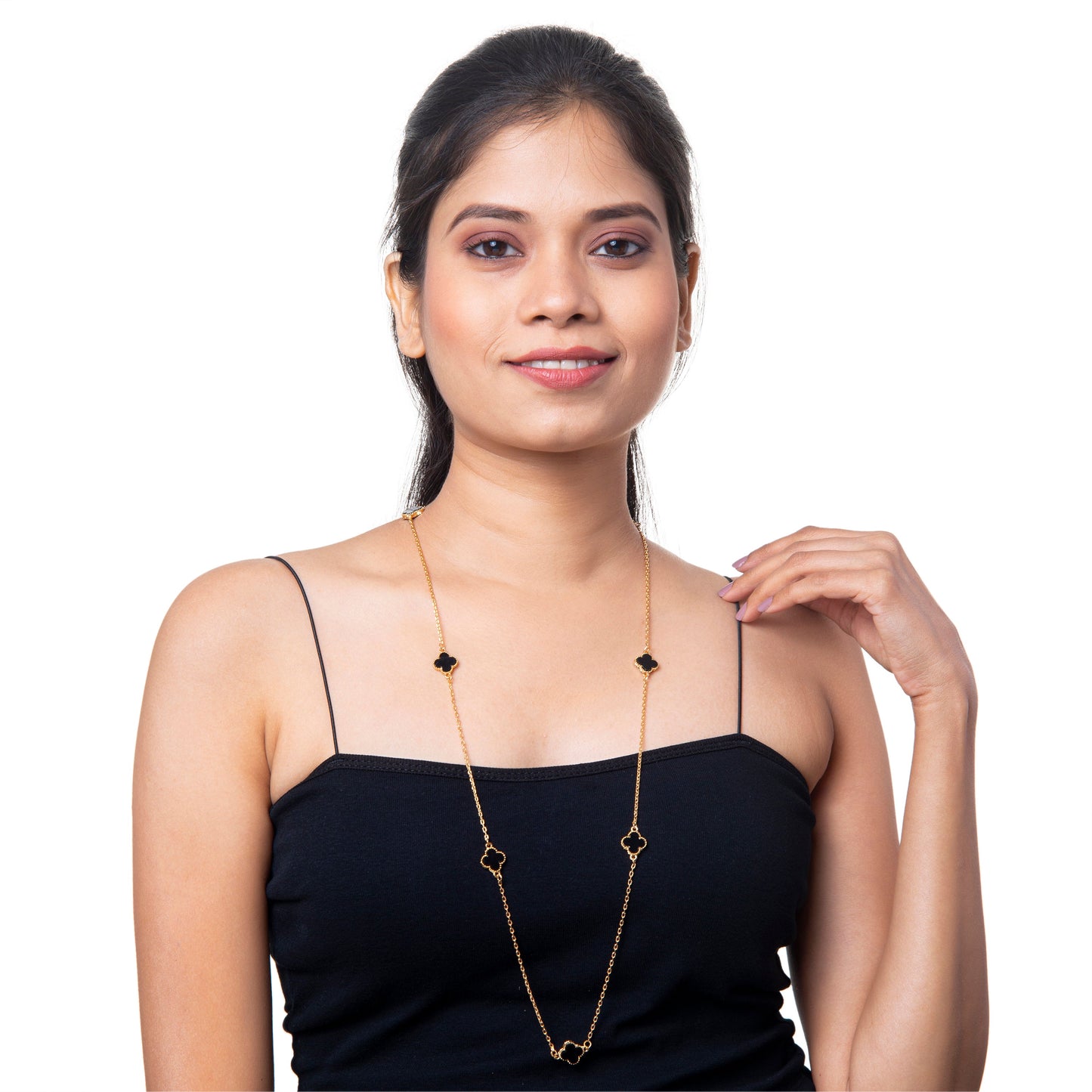 Black Onyx Long Chain Alhambra Clover Necklace  For Girls,Teens & Women MD_2153_BK