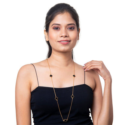 Black Onyx Long Chain Alhambra Clover Necklace  For Girls,Teens & Women MD_2153_BK