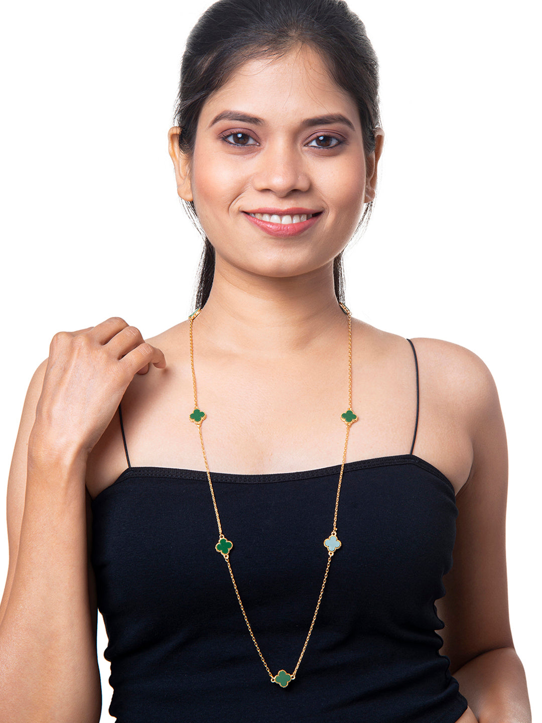 Green Onyx Long Chain Alhambra Clover Necklace  For Girls, Teens & Women MD_2153_G