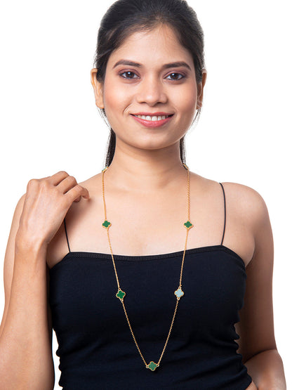 Green Onyx Long Chain Alhambra Clover Necklace  For Girls, Teens & Women MD_2153_G
