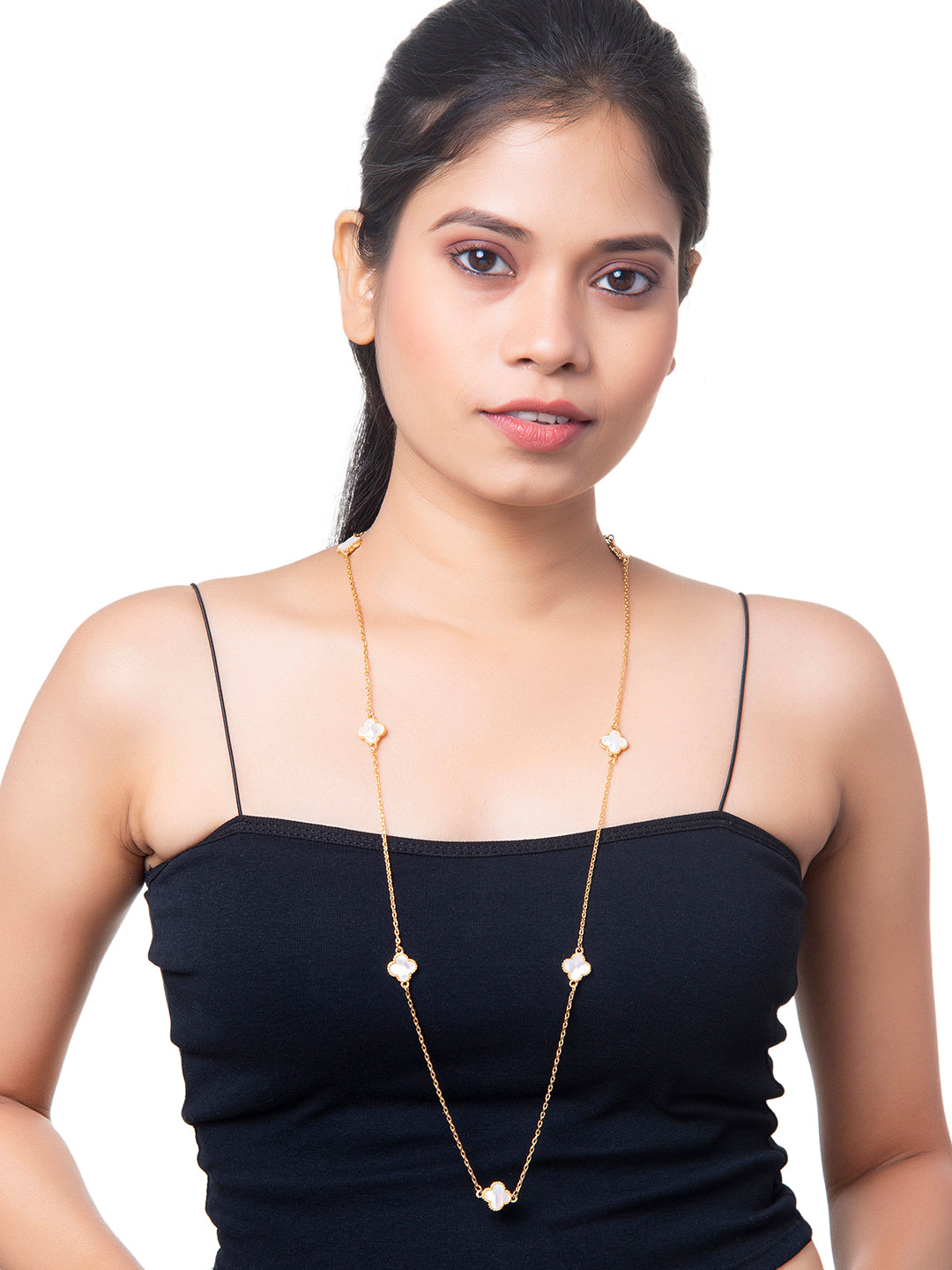 White Onyx Long Chain Alhambra Clover Necklace With  For Girls, Teens & Women MD_2153_W