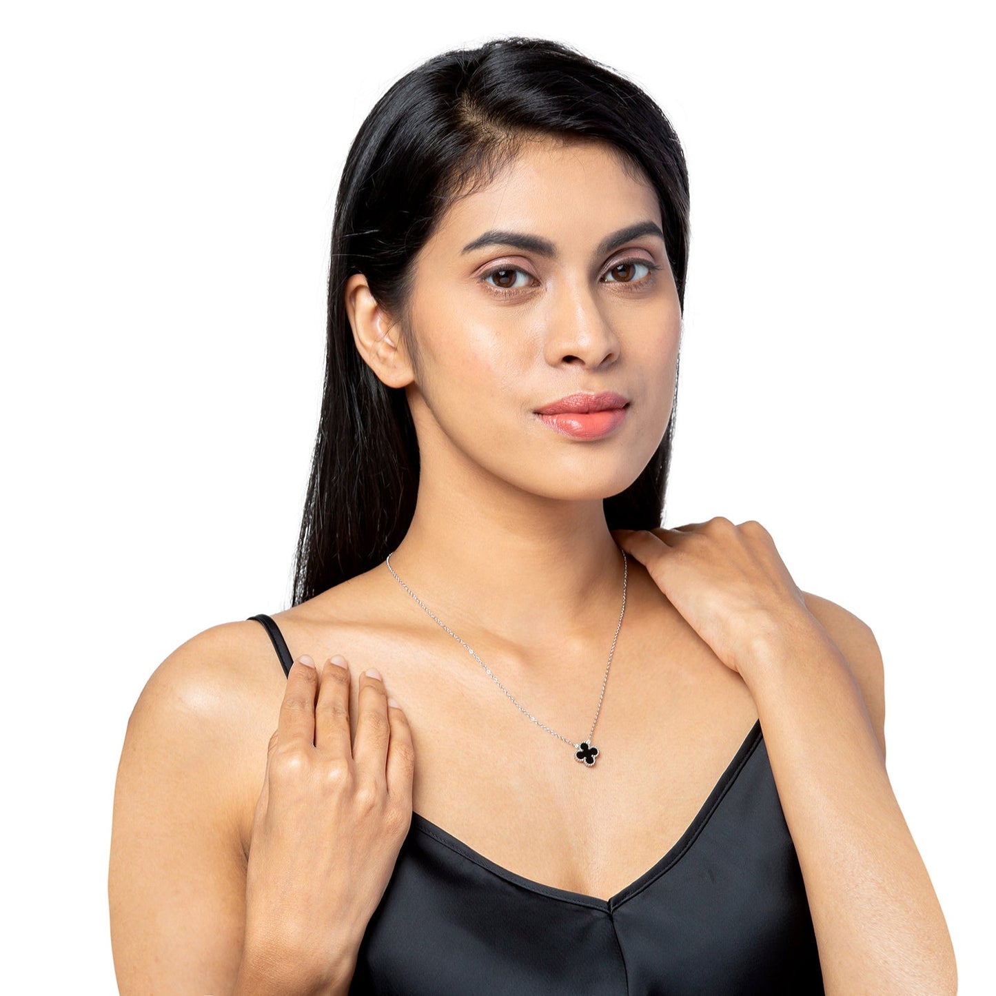 Moon Dust Gold Plated American Diamond Clover Pendant For Girls, Teens & Women (MD_2156_BK)