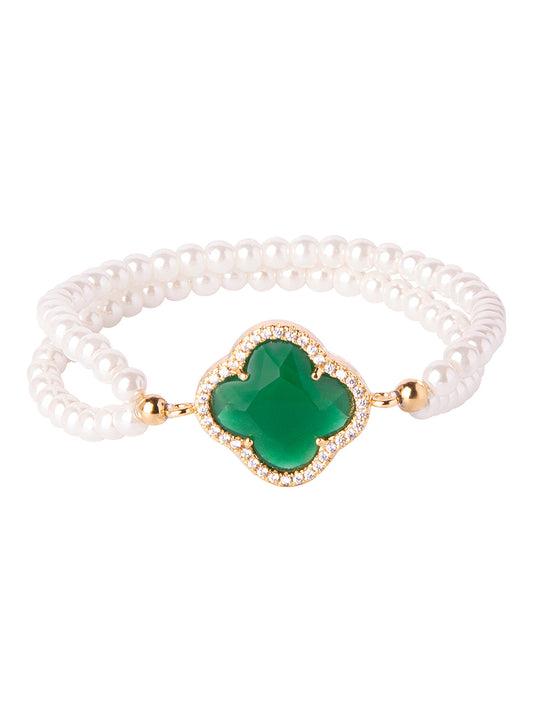CZ Studded Gold Plated Designer Stylish and Latest Flower Clover & Hamsa Charm Pearl Bracelet for Girls & Women (MD_3215_G)