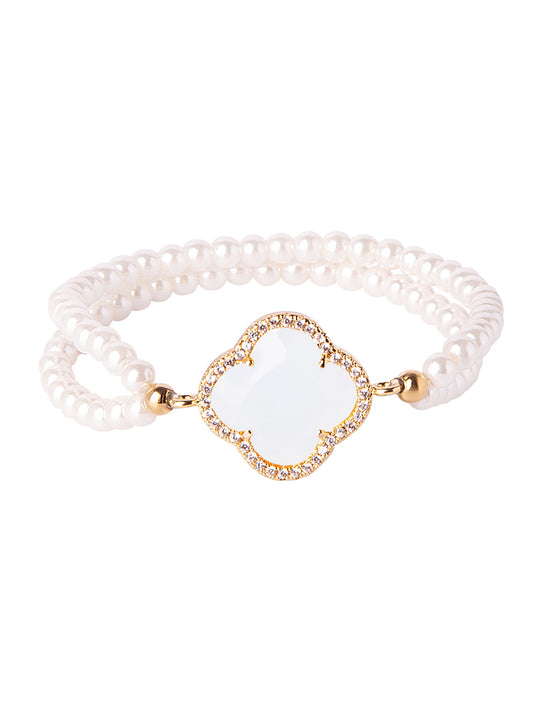 CZ Studded Gold Plated Designer Stylish and Latest Flower Clover & Hamsa Charm Pearl Bracelet for Girls & Women (MD_3215_LG)