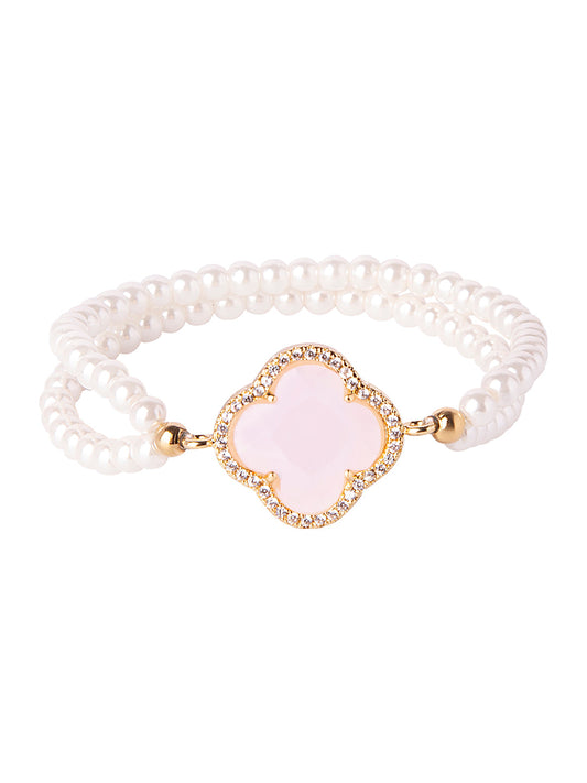CZ Studded Gold Plated Designer Stylish and Latest Flower Clover & Hamsa Charm Pearl Bracelet for Girls & Women (MD_3215_P])