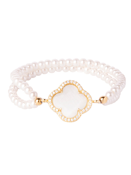 CZ Studded Gold Plated Designer Stylish and Latest Flower Clover & Hamsa Charm Pearl Bracelet for Girls & Women (MD_3215_W)