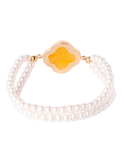 CZ Studded Gold Plated Designer Stylish and Latest Flower Clover & Hamsa Charm Pearl Bracelet for Girls & Women (MD_3215_Y)