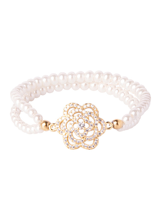 CZ Studded Gold Plated Designer Stylish and Latest Flower & Hamsa Charm Pearl Bracelet for Girls & Women (MD_3217_G)