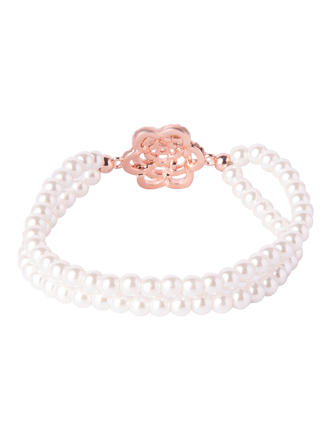 CZ Studded Gold Plated Designer Stylish and Latest Flower & Hamsa Charm Pearl Bracelet for Girls & Women (MD_3217_RG)