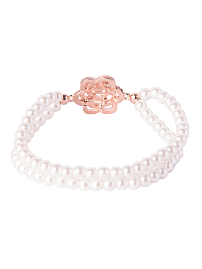 CZ Studded Gold Plated Designer Stylish and Latest Flower & Hamsa Charm Pearl Bracelet for Girls & Women (MD_3217_RG)